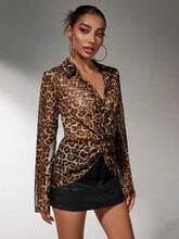 SXY 1pc Women's Elegant Commuter Leopard Print Chiffon Blouse, Long Sleeve, Autumn